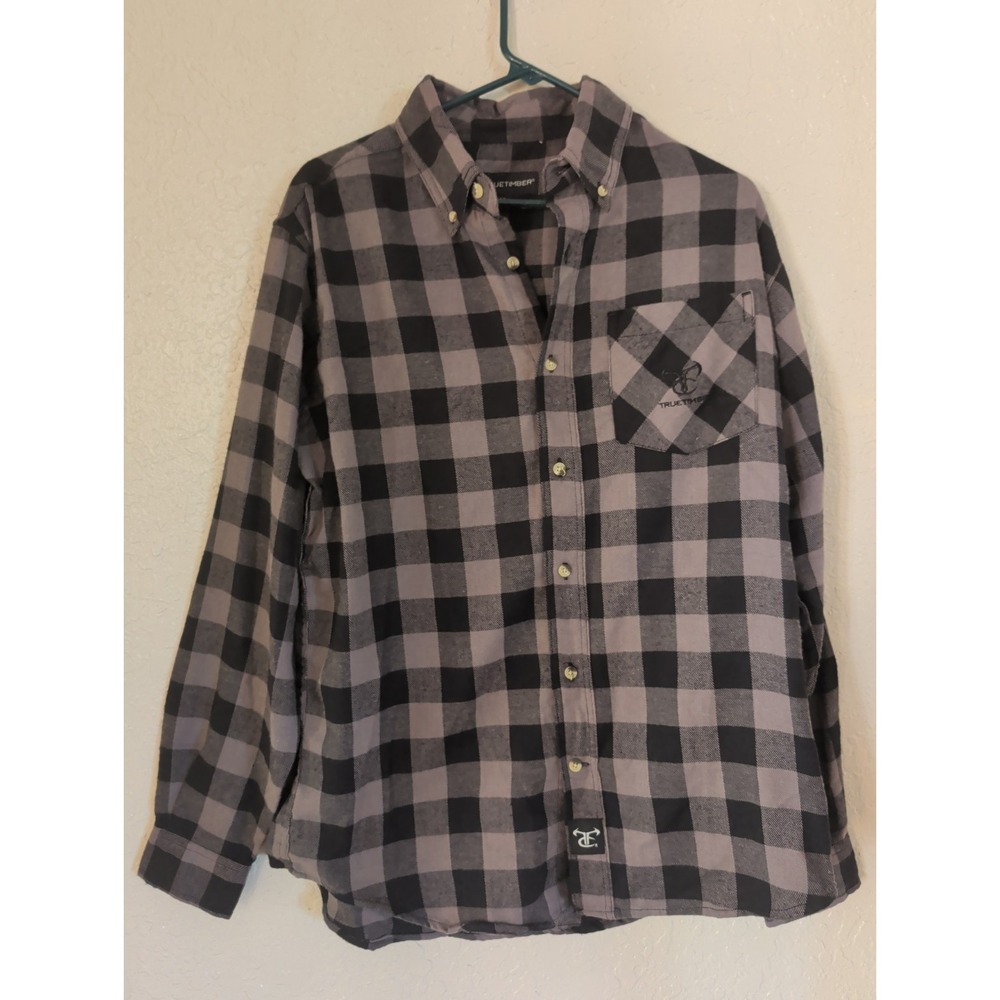 TrueTimber Mens Long Sleeve Gravel Gray & Black Plaid Flannel Shirt Medium